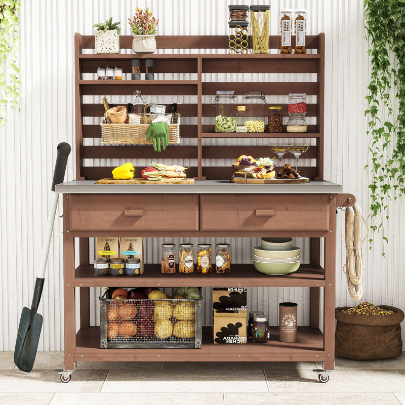 Table de rempotage d'extérieur avec huche supérieure, plateau en acier inoxydable et roulettes verrouillables, Brun
