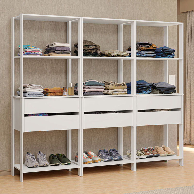  Wardrobe Clothes Storage Rack with 6 Drawers and Open Shelves 82"L Multiuse Modular Cabinet for Bedroom Organization - White