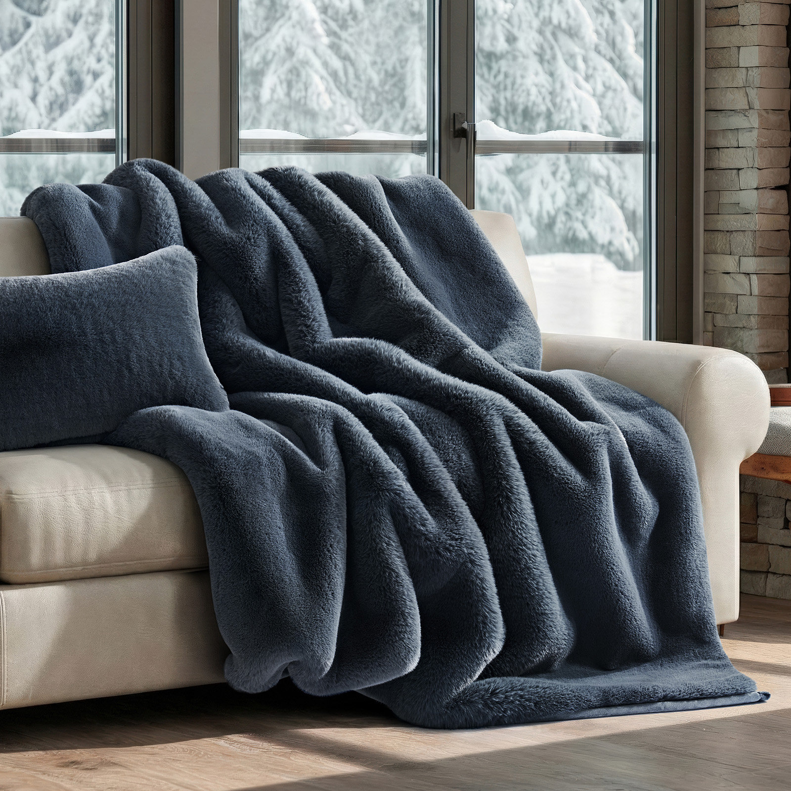 Chinchilla Faux Fur Throw Blanket, 80" L x 60" W, Stormy Blue Mink