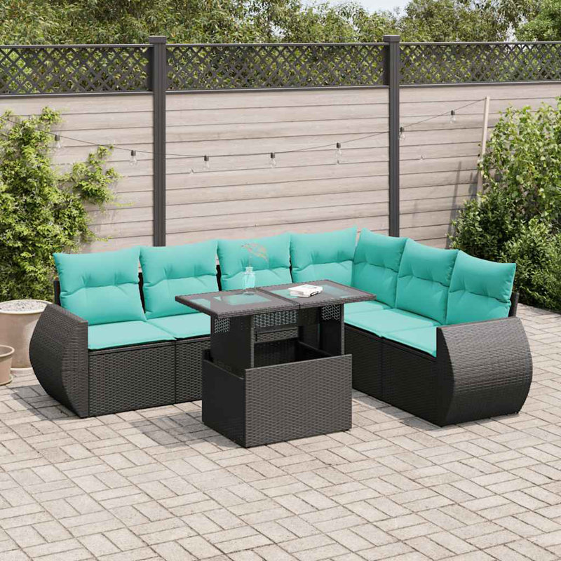  Ensemble de canapé de patio 7 pièces avec coussins en rotin de poly acacia noir