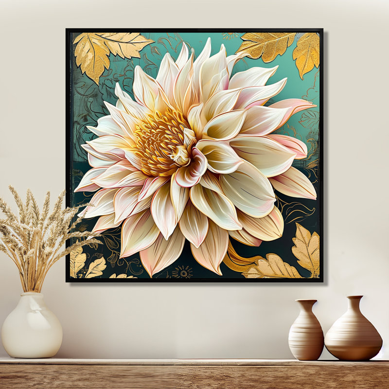 Dahlia en fleurs, feuilles dorées rétro - Dahlia, Toile avec cadre flottant noir, H 30 po x l 30 po x P 1 po