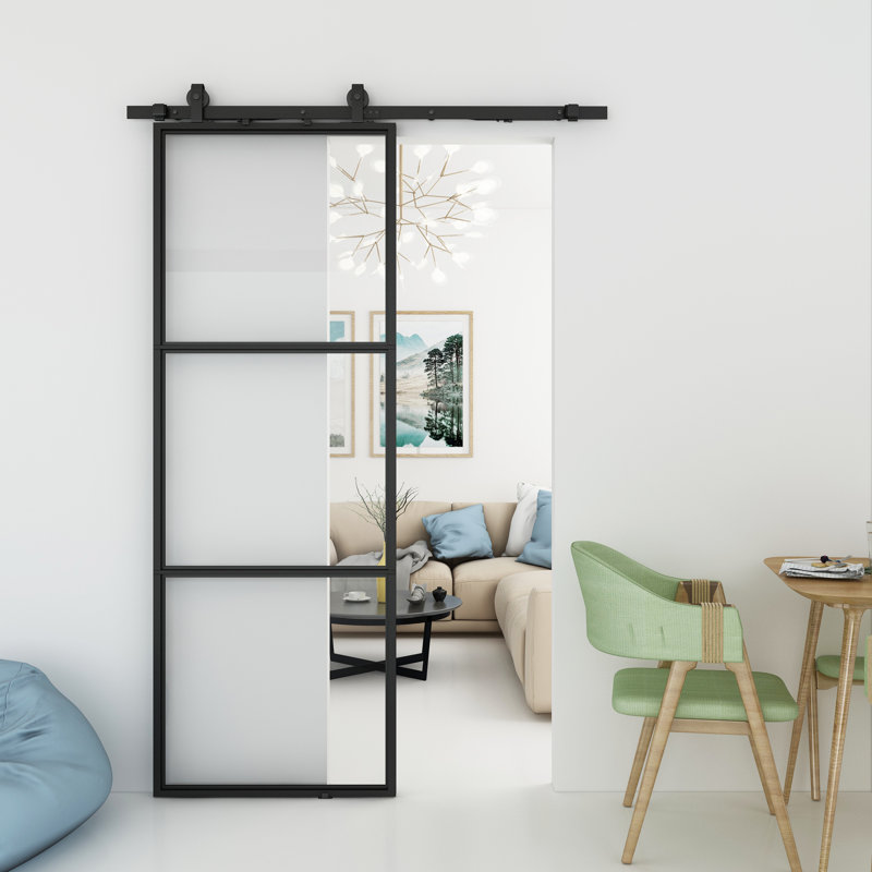 Black Metal Sliding Barn Door with Clear Tempered Glass Panels