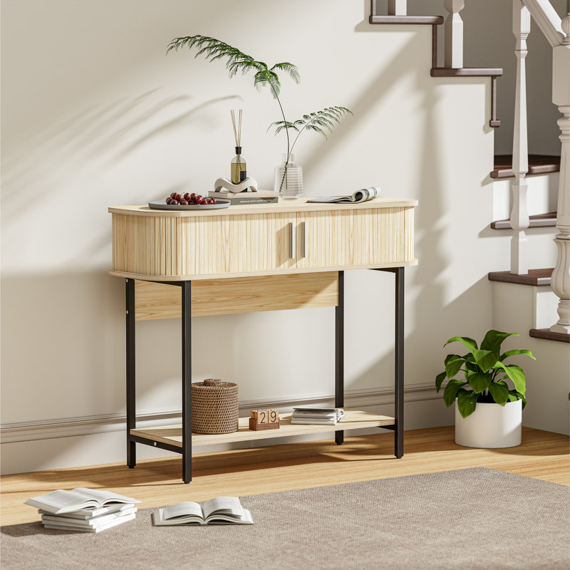 Fluted Entryway Table, 39.4" Narrow Console Table with Storage & Sliding Doors, Modern Round Corner Sofa Table, Mid Century Wooden Entry Table for Living Room, Hallway, Kitchen