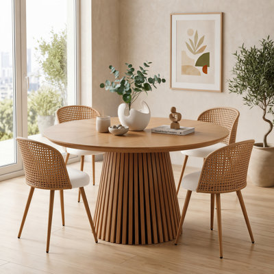 5-Piece Round Pedestal Dining Table Set with Upholstered Rattan Chairs