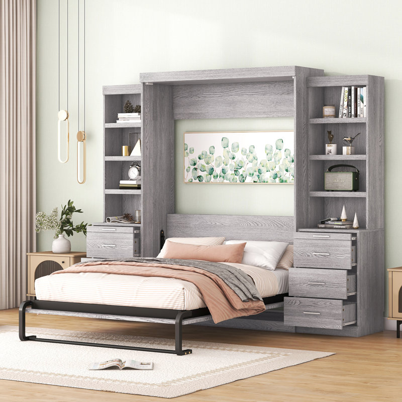 Lit double en gris avec de nombreuses options de rangement - Fabrication robuste et efficace Choix multiples pratiques