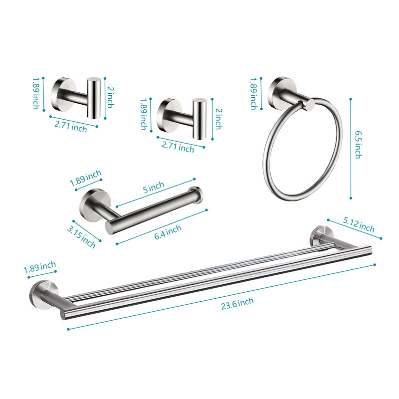 Bathroom Towel Rack Wall Mount 5 Piece - Modern Brushed Nickel Style, Aluminium, , Multifunctional For Different Rooms, Easy To Install 5 Nickel, Appearance, Rust-, Versatile Bathrooms And Beyond,