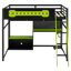 Lit mezzanine double en bois avec bureau, tablettes, lumières DEL, ports USB et panneau perforé, noir et vert-886600298