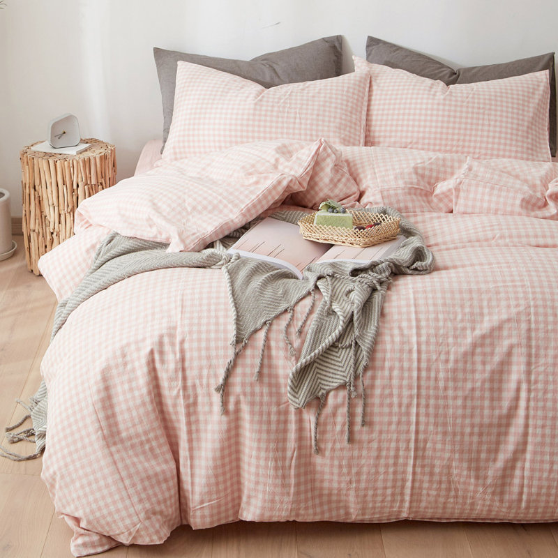 Washed Cotton Checkered Pattern Duvet Cover Set, Queen Duvet Cover + 2 Standard Pillowcases, Light Pink