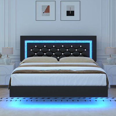 Alber Floating Bed Frame with LED Lights, Upholstered Platform Bed with Diamond Tufted Headboard, No Box Spring Needed, Noise Free, Easy Assembly
