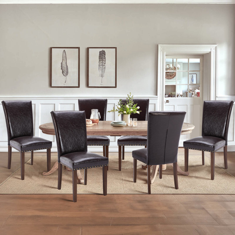 Nailhead Trim Leather Upholstered Side Chair Wood Dining Chair (Set of 6), Dark Brown