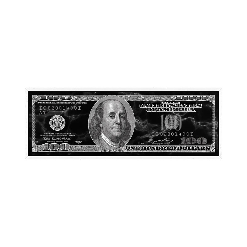 Hundred Dollar Bill - Panoramic Painting on Canvas, White Framed, 121.92 cm H x 40.64 cm W