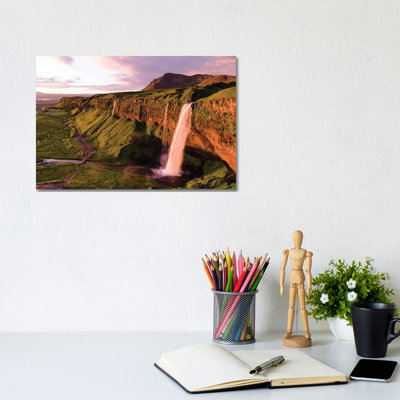 Aerial Of Seljalandsfoss Waterfall At Midnight, Iceland by Matteo Colombo - Wrapped Canvas Print