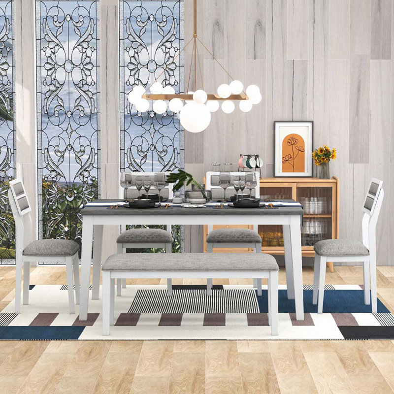 Ensemble de salle à manger 6 pièces, comprenant table de salle à manger, 4 chaises rembourrées et banc, Gris, Blanc