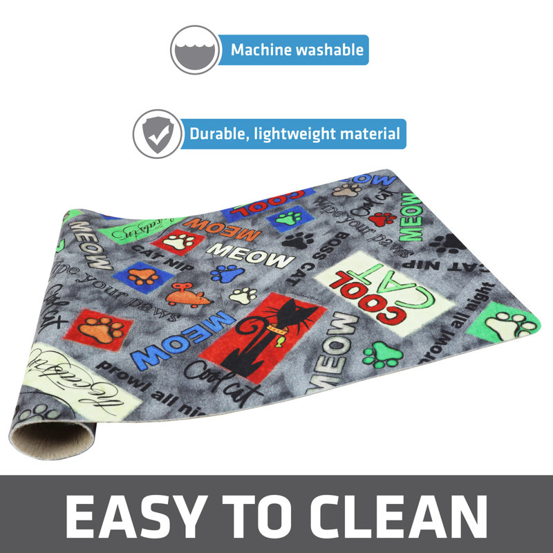 Cat Bowl Placemat, Pet Food Feeding Mat - Absorbent Fabric, Waterproof Backing, Slip-Resistant, Machine Washable, Durable (12” x 20”) (Cool Cat Grey) (USA Made) 