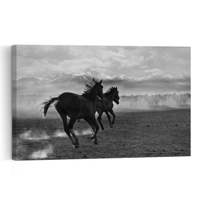 Chevaux sauvages au galop - Illustration abstraite contemporaine représentant un paysage de montagne