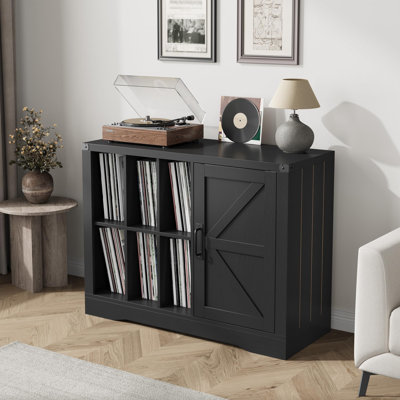 Vrecord Player Stand Cabinet With Door, Farmhouse Turntable Storage Cabinet With Holder Shelves Up To 750 Albums, Wooden CD DVD Table Rack For Living by Corrigan Studio