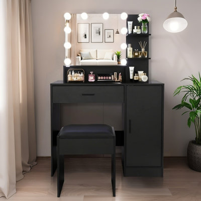 Vanity Desk With Mirror And Lights, Makeup Vanity With Drawer & Storage Cabinet, 3 Adjustable Lighting Colours, Dressing Table With Open Shelves For Bedroom, Dressing Room, Black