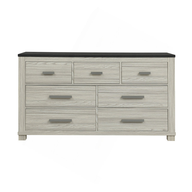 La commode à 7 tiroirs de large avec une finition en bois gris clair et des poignées encastrées combine un rangement modulaire avec un style minimaliste moderne pour les chambres à coucher