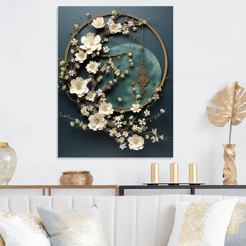 Or et fleurs blanches sur pierre bleue II - art mural en métal Geode Stone, H 32 po x l 24 po x P 1 po