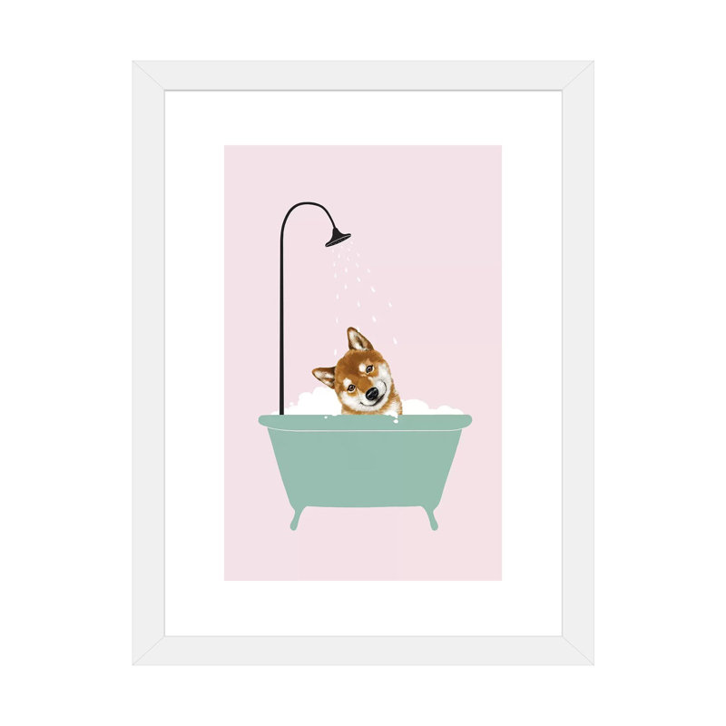 «Shiba Inu Enjoying Bubble Bath» par Big Nose Work - impression d'art graphique, H 32 po x l 24 po x P 1 po, Blanc