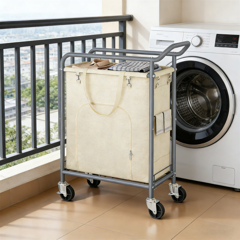 Washing Cart, Drum Washing Basket With Wheels -114L Large Capacity Heavy-Duty Washing Cart, Beige/Gray