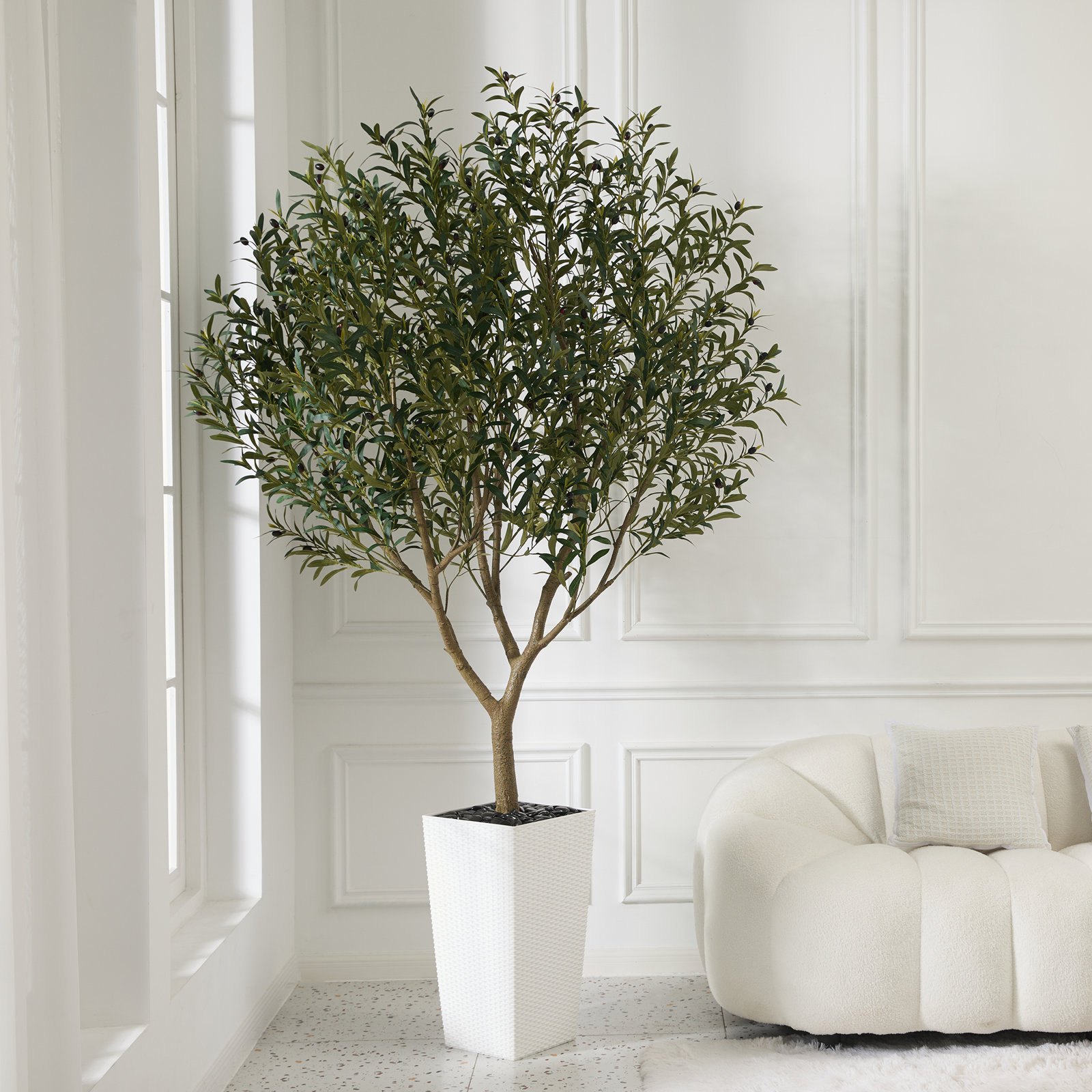 Altera UV Resistant Artificial Olive Tree for Indoor & Outdoor Decor, Large Plastic Base with Pebbles, White