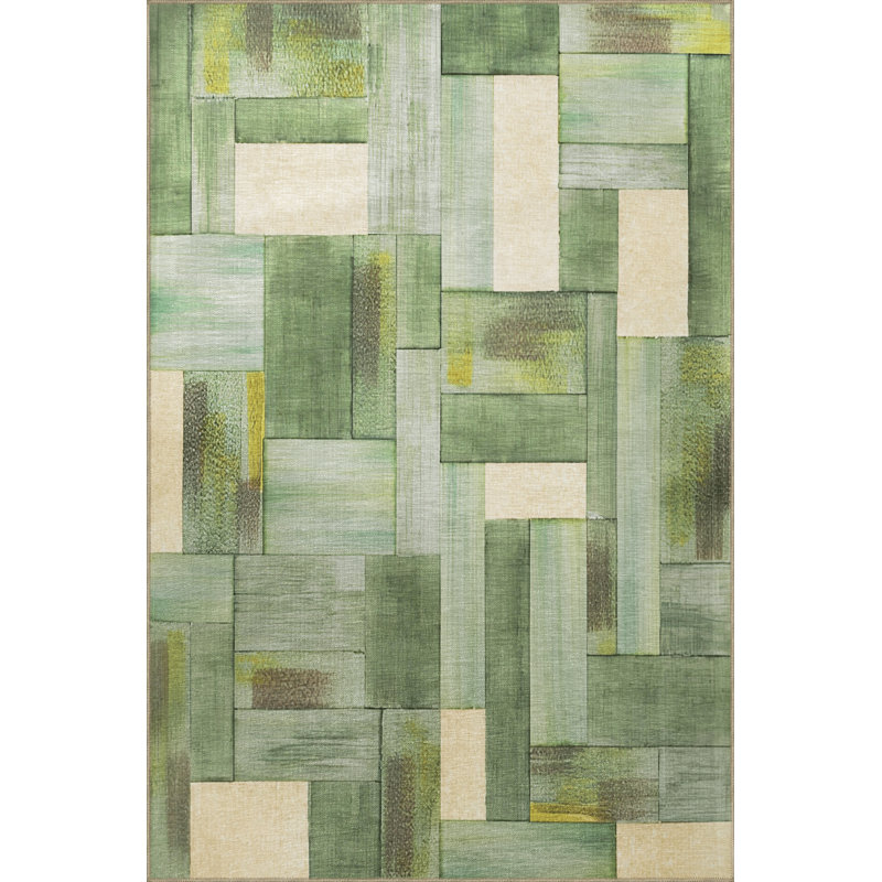 Tapis décoratif moderne vert à motif géométrique mixte, Rectangle 3 pi 11,24 po x 5 pi 10,87 po