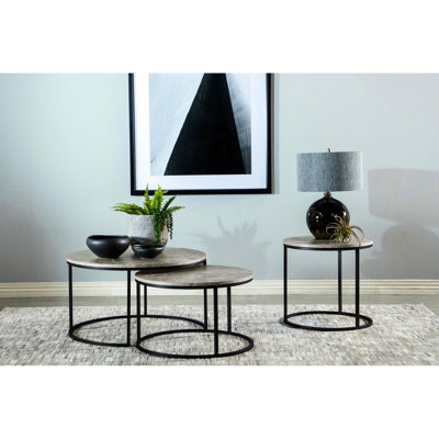 Table basse gigogne deux pièces ronde en faux marbre gris, cadres thermolaqués gris acier, 35 po x 35 po x 19,5 po, idéal pour les salons en marbre, 35 po de largeur, profondeur, 19,5 po de hauteur, espaces compacts convenables