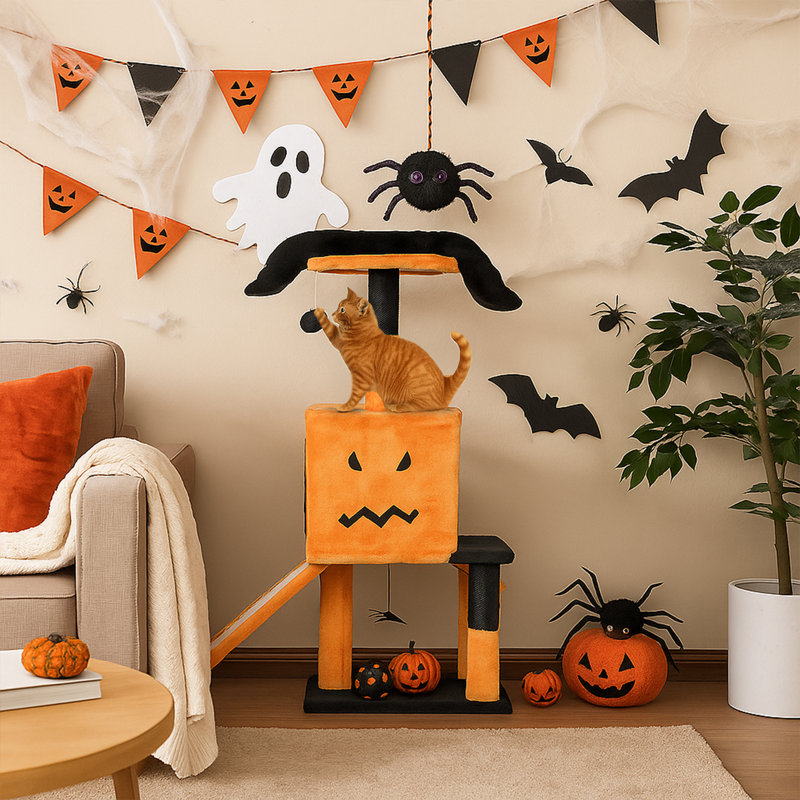 Arbre à chat 39 po avec cage à chat spacieuse Halloween