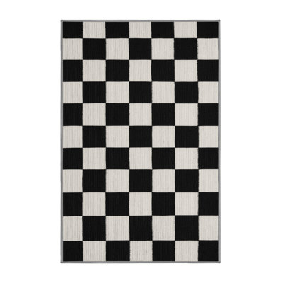 Machine Washable Checkered Gray Area Rug