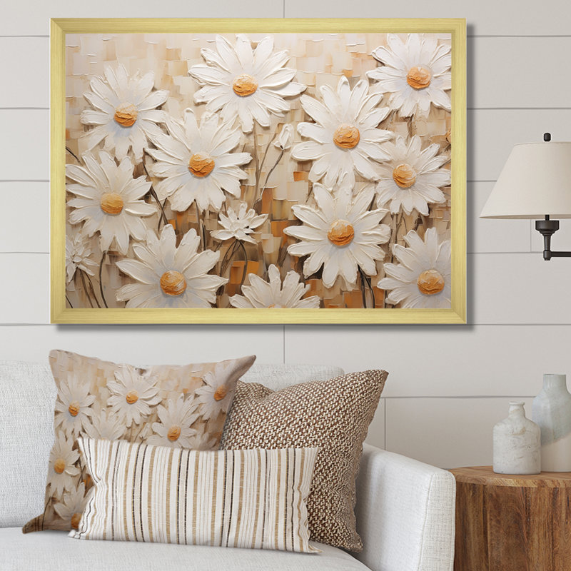 Champ de marguerites blanches élégantes V, Cadre doré simple, L 32 po x H 24 po x P 1 po