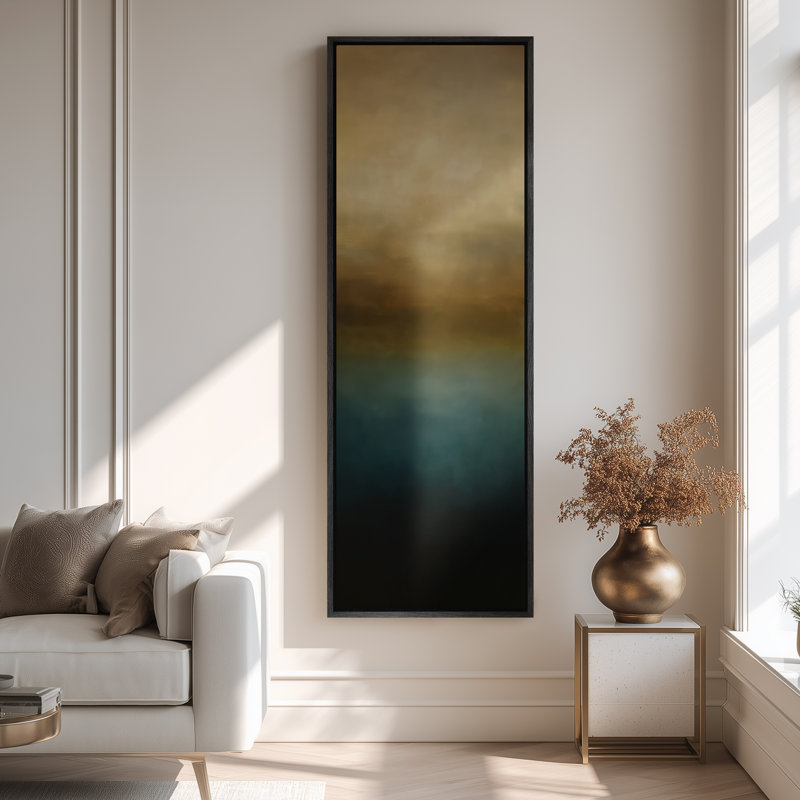 Grand art mural encadré sur toile - brume, tons de terre abstraits et sarcelle, horizon brumeux, 60 po x 20 po, Noir