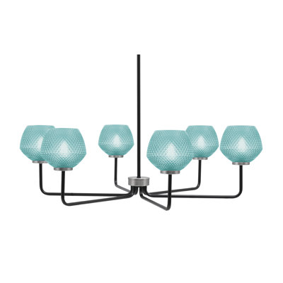 Lustre 6 lumières Amarmula, noir mat et finition graphite, verre texturé turquoise 6 po