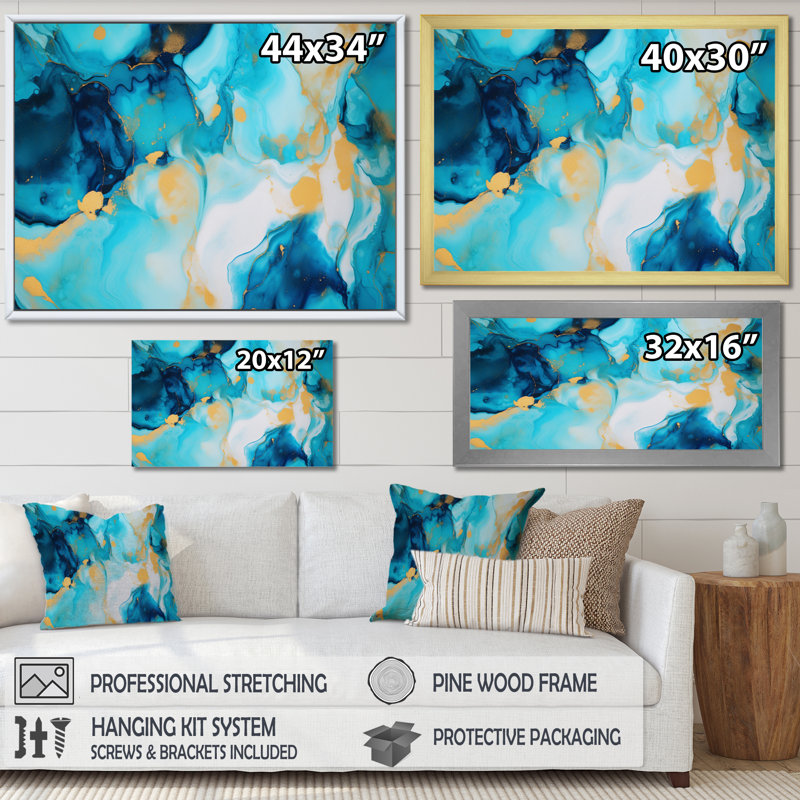 Turquoise luxueux, art fluide abstrait sur toile, Toile tendue, H 30 po x l 40 po x P 1,5 po
