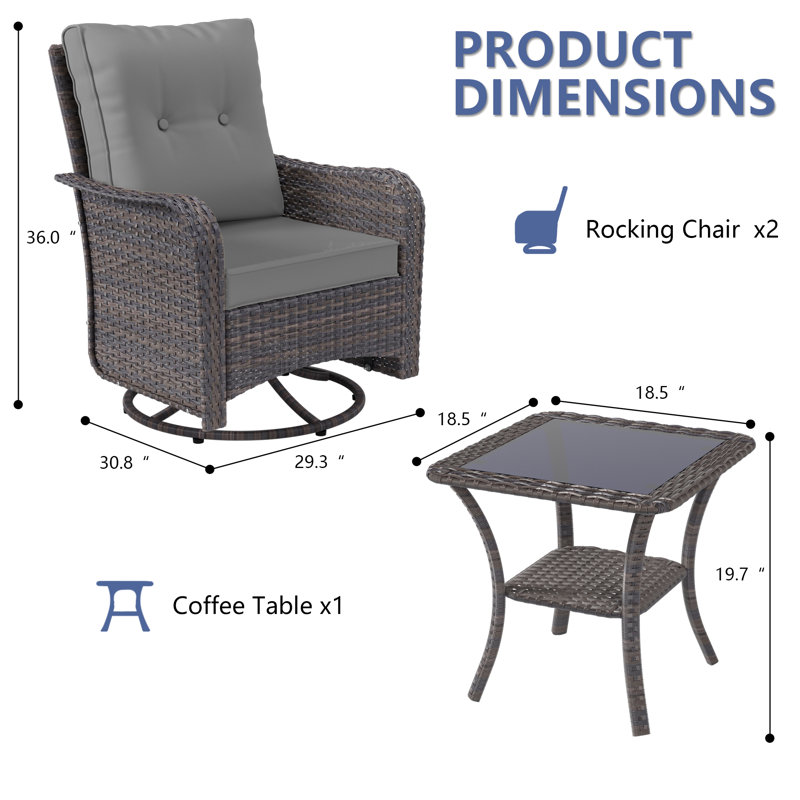 Outdoor Swivel Rocking Chair Set With Table, 2-Piece Patio Lounge Seating Group, All-Weather 360-Degree Rotating Rockers With Removable Cushions