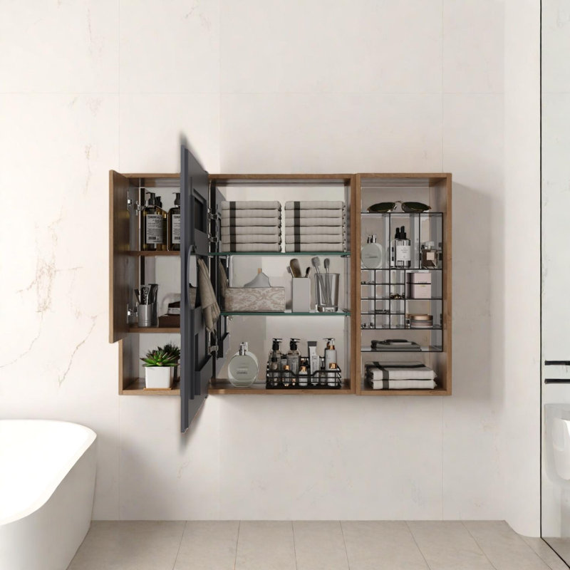 Armoire de salle de bain murale à miroir avec tablettes réglables en verre et combinaison de rangement