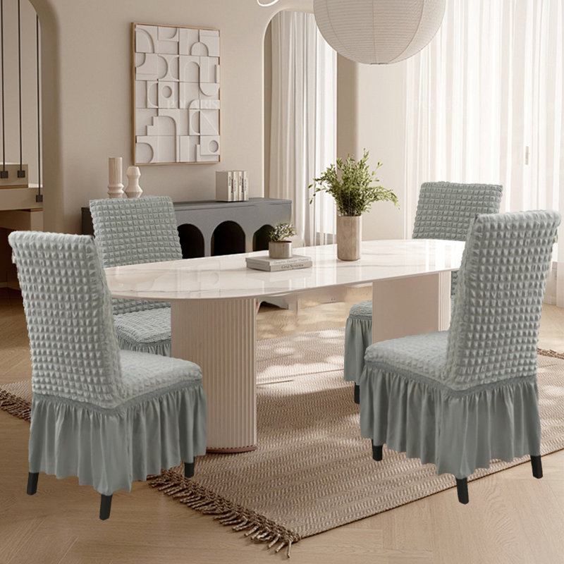 Housse pour chaise de salle à manger, housse extensible de chaise lavable avec jupe, ensemble de 4, Gris clair