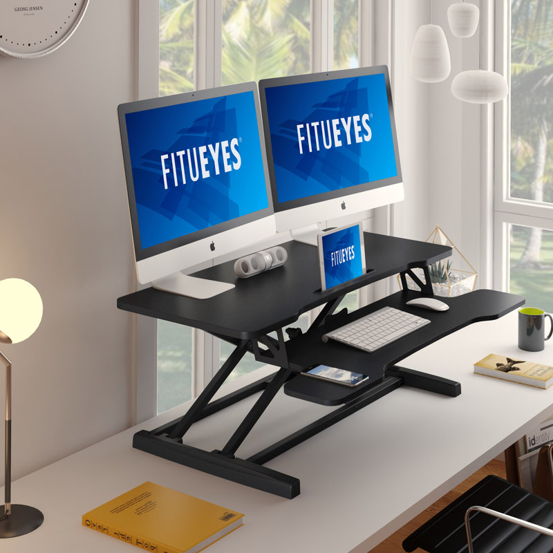 FITUEYES Bureau debout à hauteur réglable de 36 pouces pour 2 ordinateurs, blanc, Noir / Noir