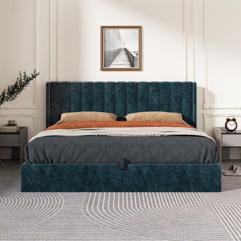 Daizia Lift Up Storage Platform Bed with Wingback Headboard, Green, King