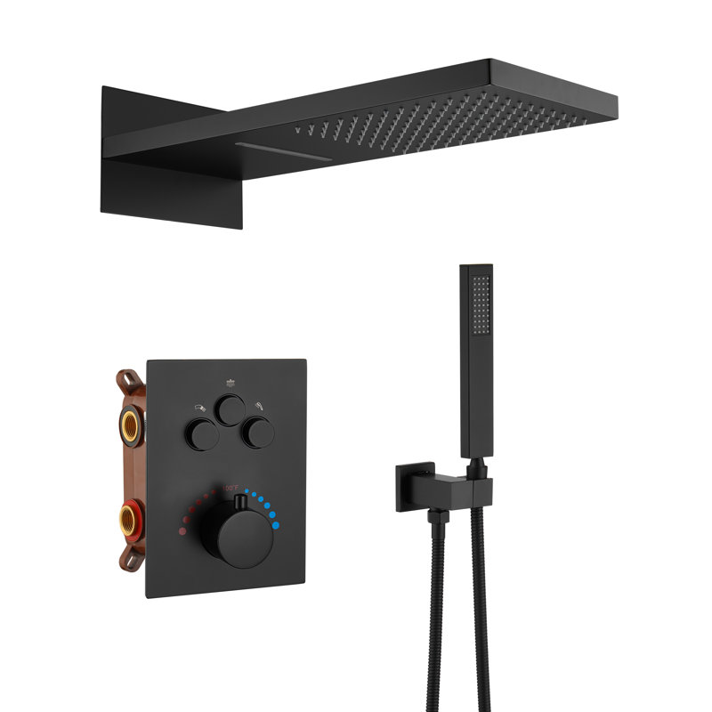 Herathena 3 Functions Thermostatic Luxury Shower System with Rough-in Valve, Matte Black