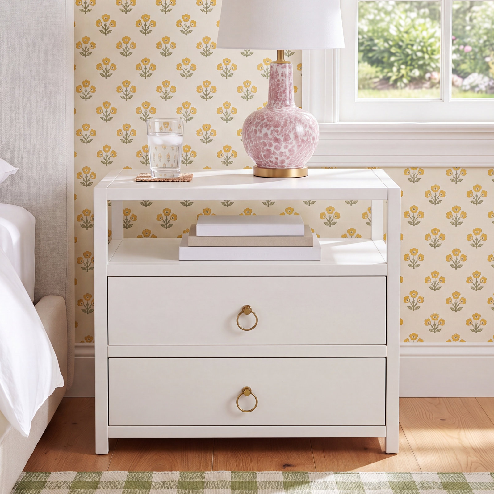 Elin 2-Drawer Acacia Nightstand, White