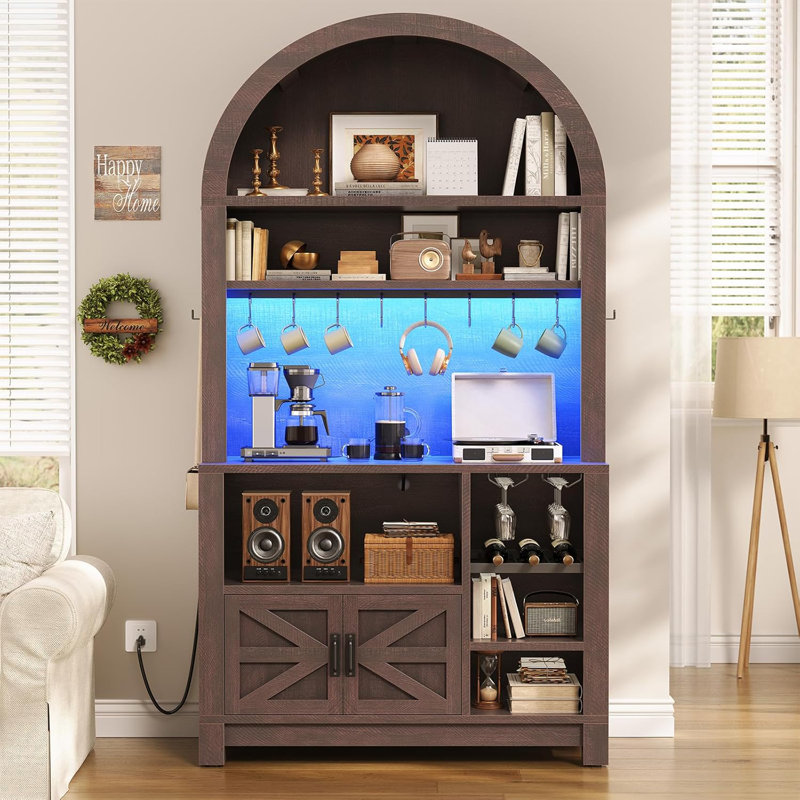 73" Tall Arched Bakers Rack, Coffee Station With Power Outlet, Brown