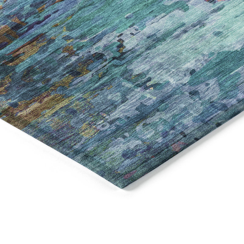 Tapis bleu intérieur / extérieur lavable à la machine Xhevrie, Rectangle 1 pi 8 po x 2 pi 6 po