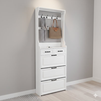 NEW White Finish Shoe Storage Cabinet With Three Doors And Two Drawers, Includes Hanger And Offers Ample Storage Capacity