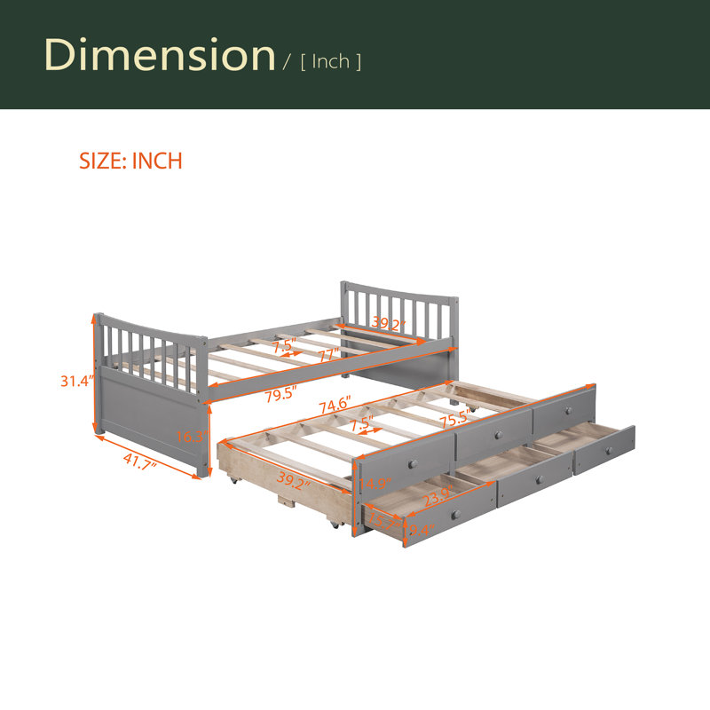 Daybed With Trundle And Drawers, Gray