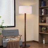 61'' Modern Walnut Wood Column Floor Lamp with Linen Drum Shade, Minimalist Standing Lamp for Living Room or Reading Corner