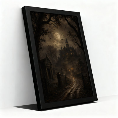 Sepia Gothic Haunted Mansion And Graveyard Under Halloween Canvas Wall Art