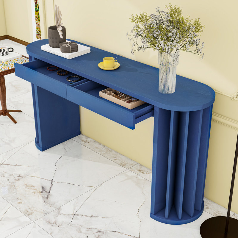 Wood Long Console Table with Storage, Navy Blue