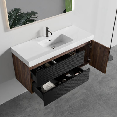 Meuble-lavabo 48 po en noyer avec lavabo à surface solide blanc brillant et tiroirs noir doux, meuble-lavabo mural flottant pour salle de bain moderne, sans drain ni robinet, pré-assemblé