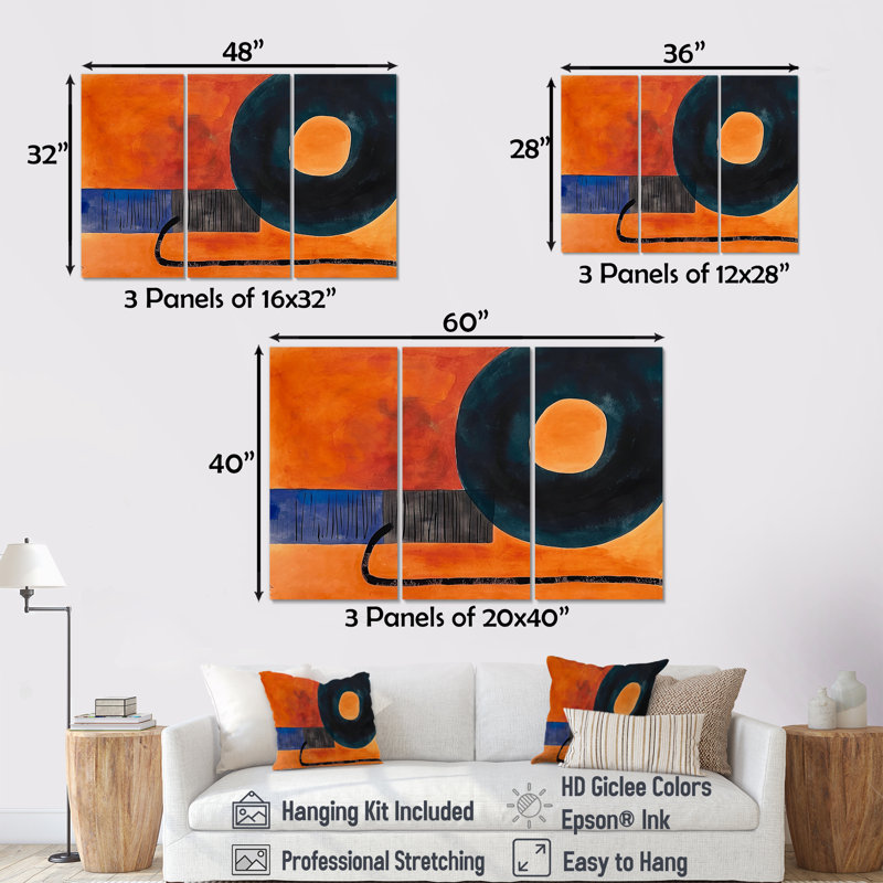 Retro Dada, peinture, orange, noir, ensemble d'art abstrait mural, H 28 po x l 36 po x P 1 po, Toile tendue